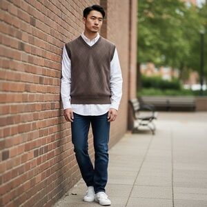 Marc Ecko Men's Brown V-Neck Argyle Sweater Vest with Pink Accents